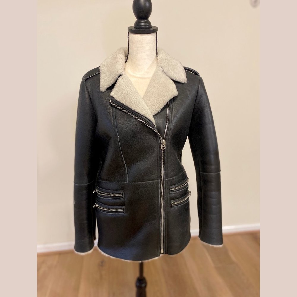 Topshop Shearling Moto Jacket - 100% Real Sheepskin Shearling